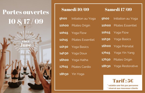 Chez June : le bon plan de la rentrée, des cours yoga et pilates à 5 €  les samedis 10 et 17 septembre !
